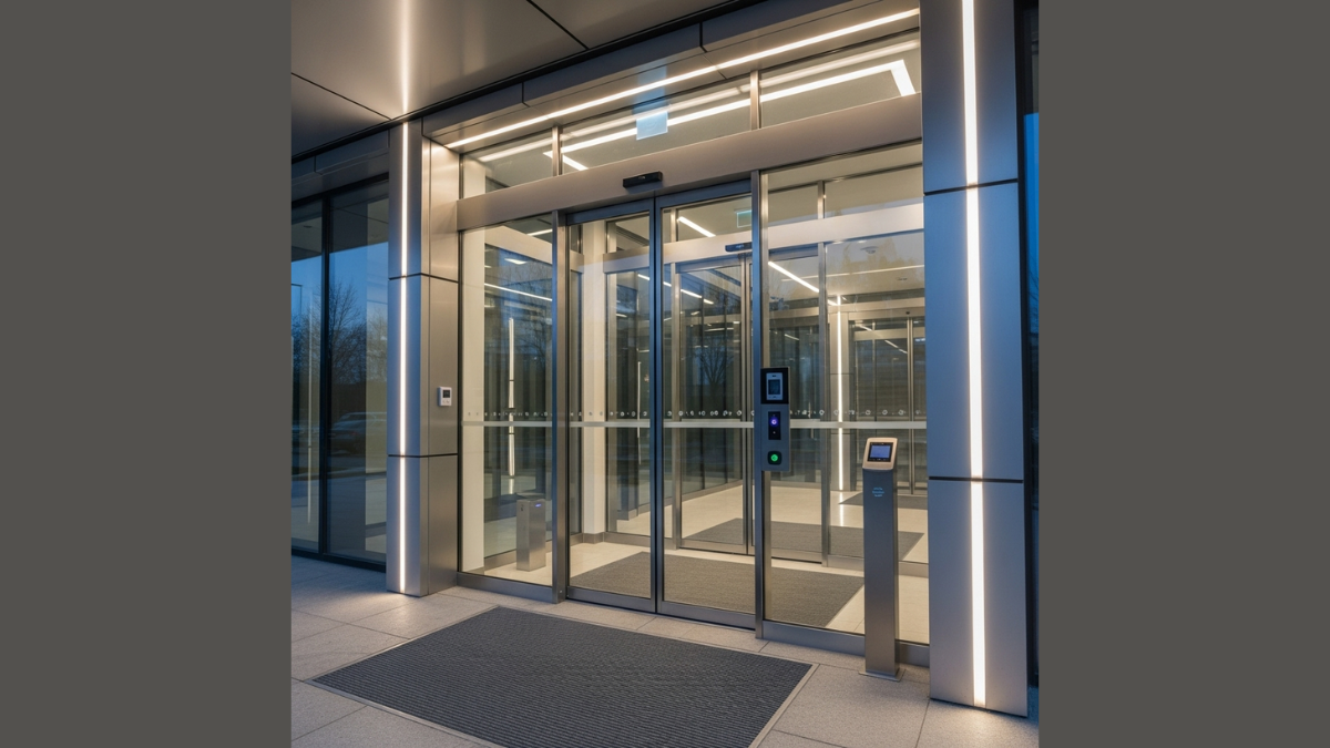 Modern building entrance with automated doors