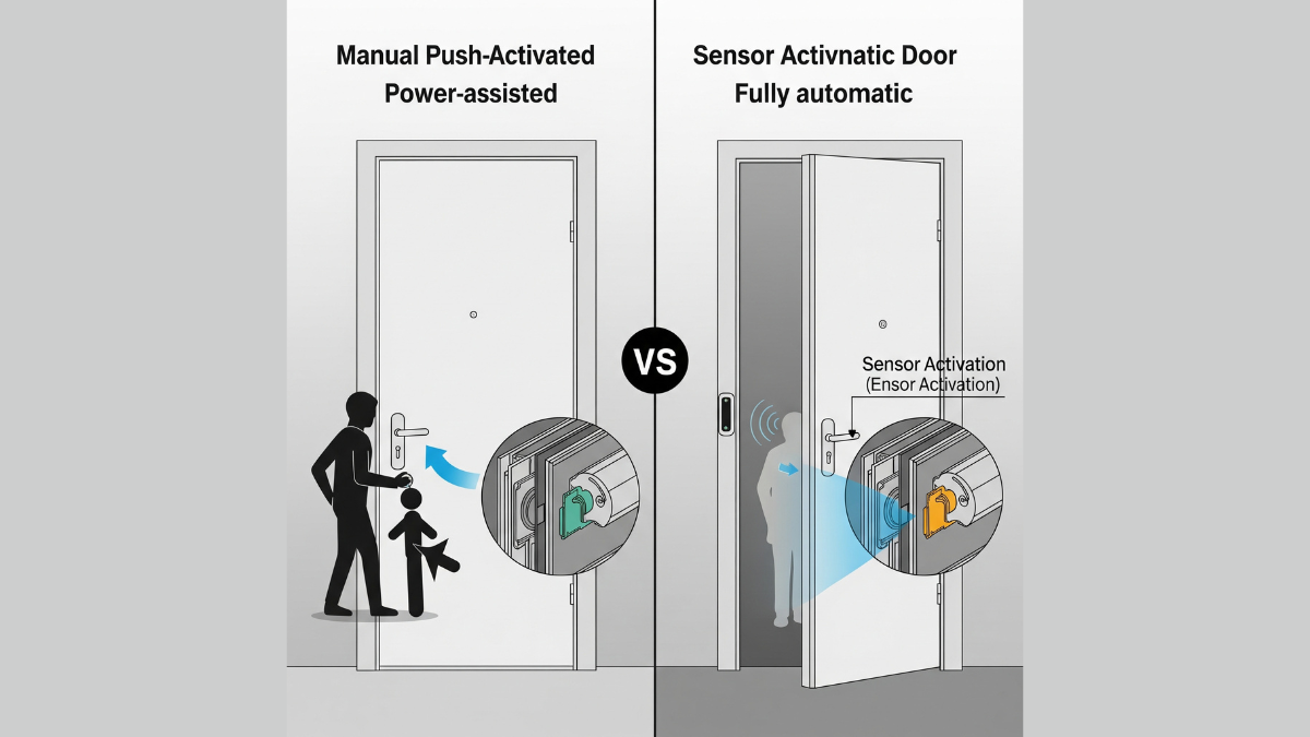 power assisted door with manual push activation