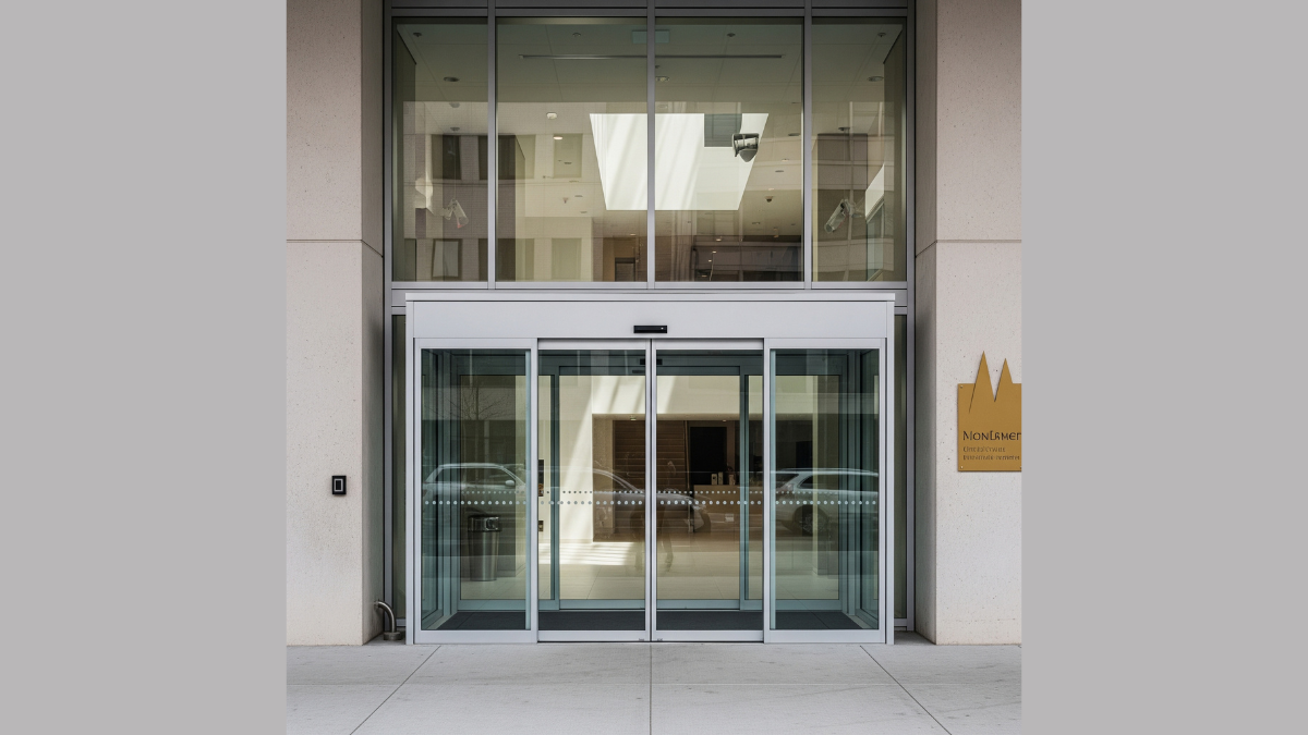 modern automatic-swing doors in contemporary office building