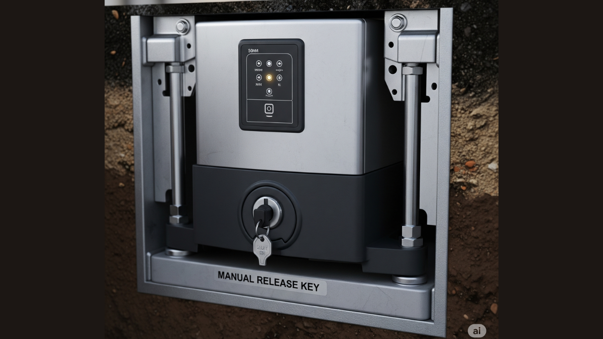 Underground swing gate motor showing manual release key slot at gate base for emergency opening