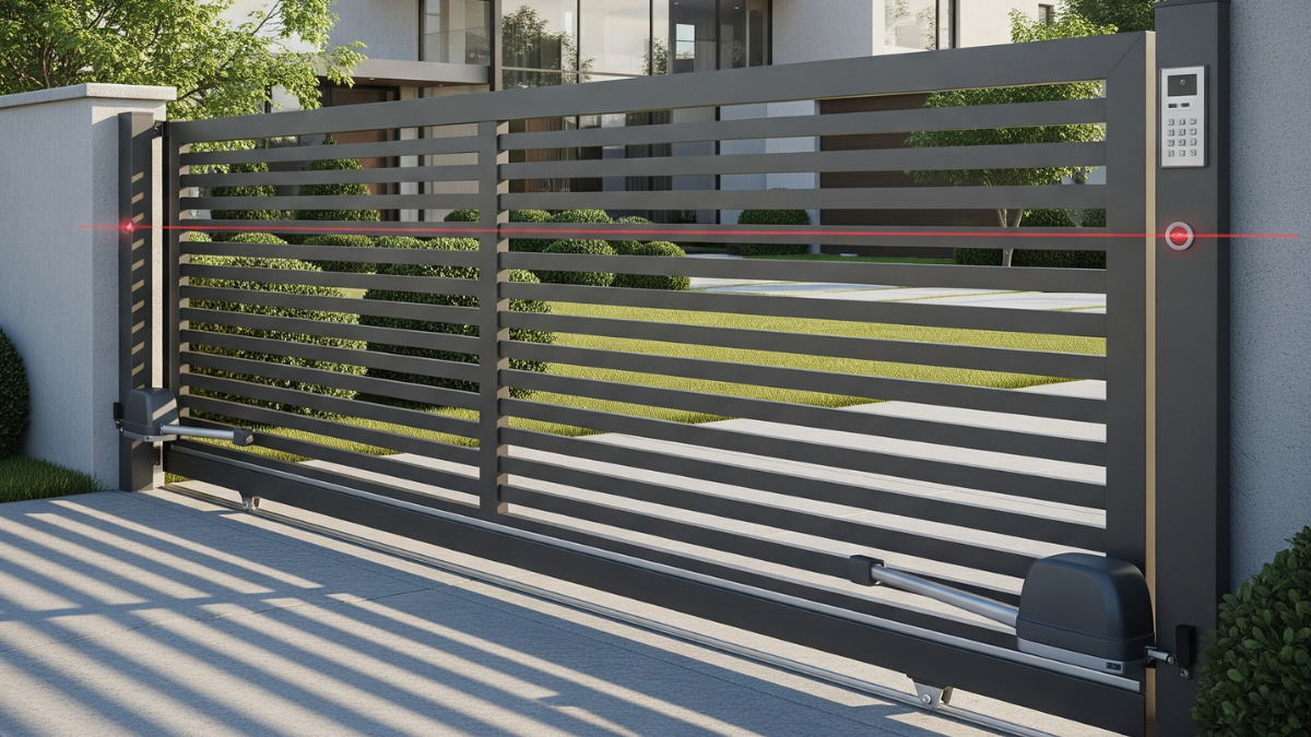 Modern automatic sliding gate with safety sensors and control panel showing professional installation