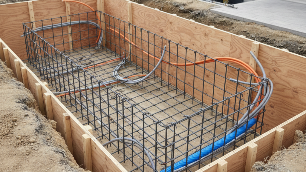 Reinforced concrete foundation for cantilever sliding gate system with embedded conduit